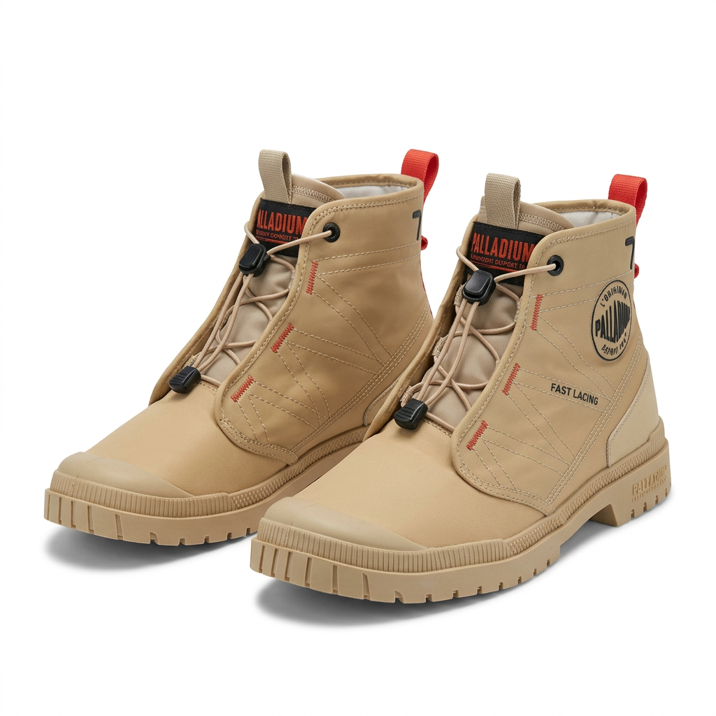 Pair of sand Palladium fast-lacing ankle boots on a plain white background