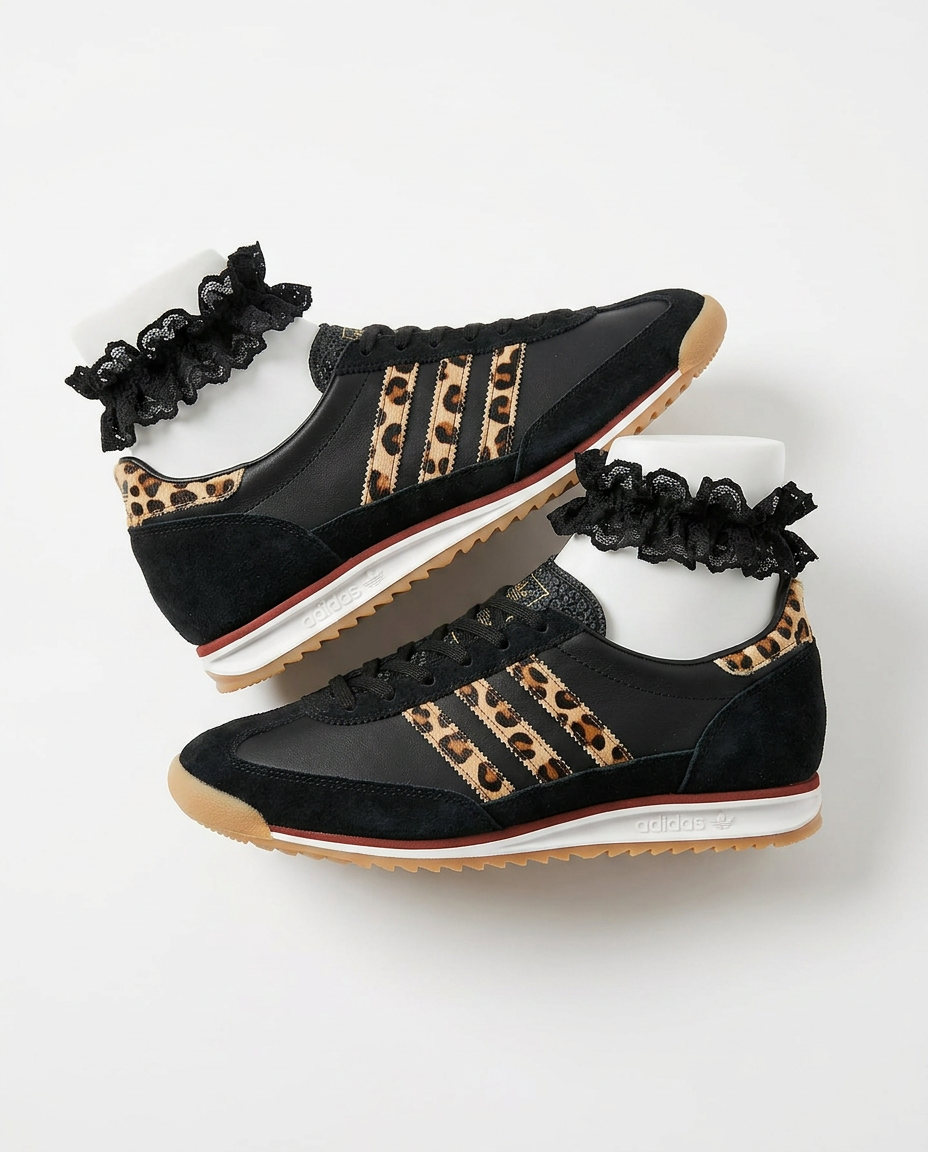 adidas SL 72 sneakers in black nylon with leopard print three stripes and gum sole, worn view