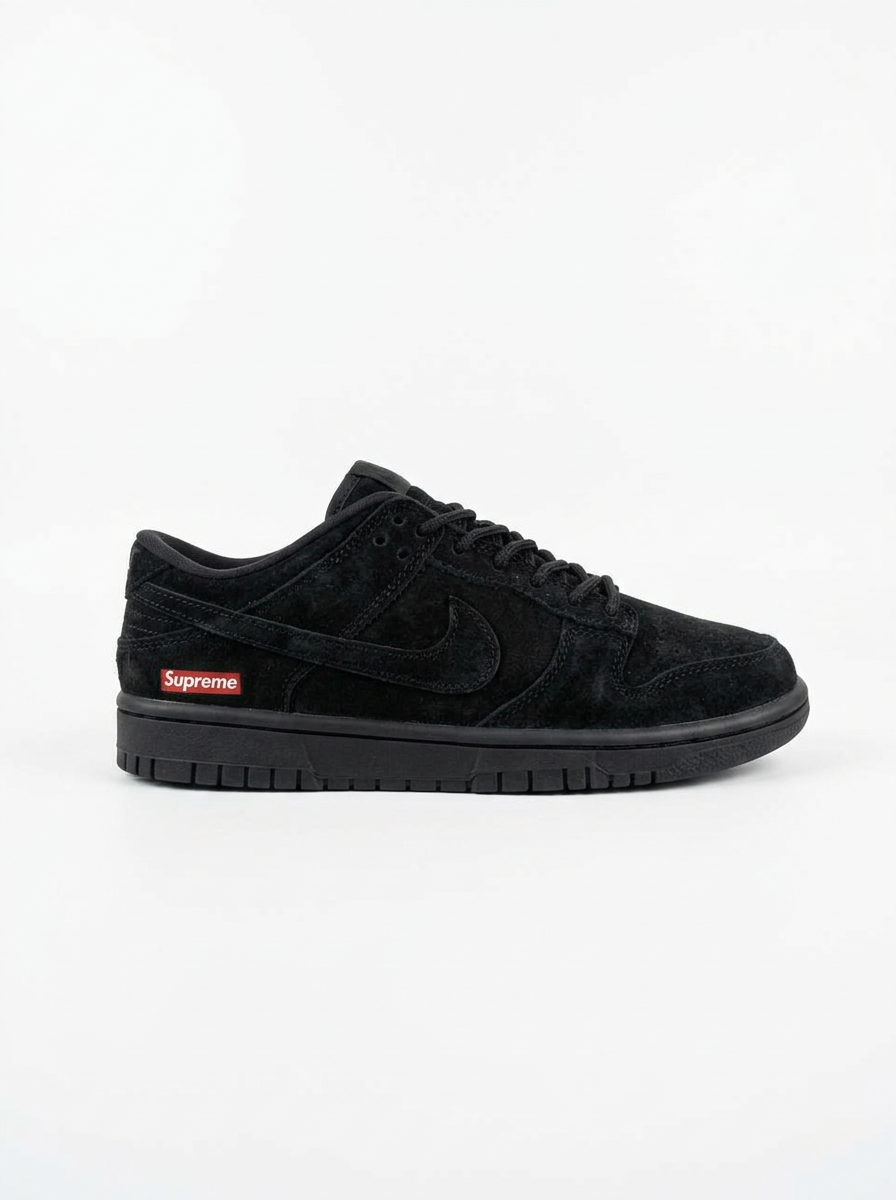 Black suede Nike Dunk Low with red Supreme box logo on white