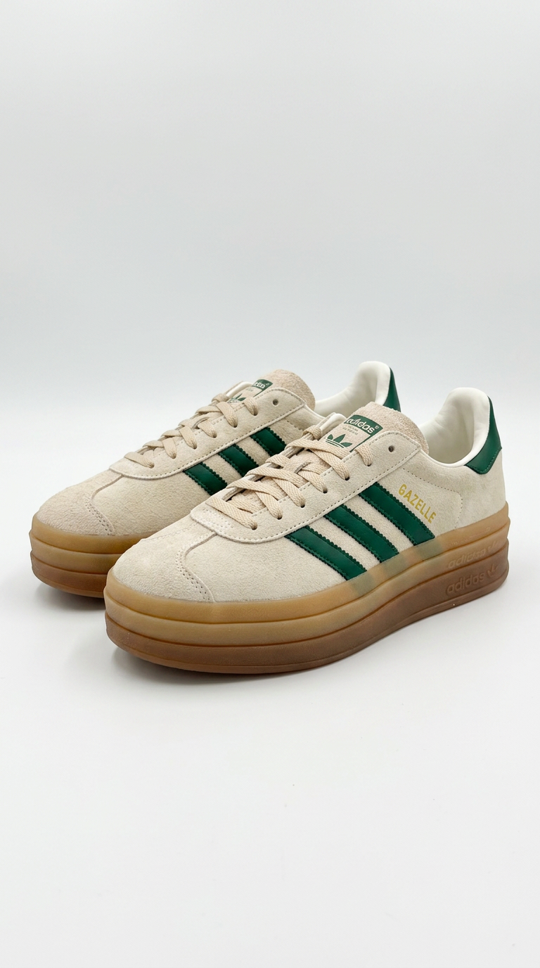 Cream suede Gazelle on a bold gum platform with deep green s on a plain white background