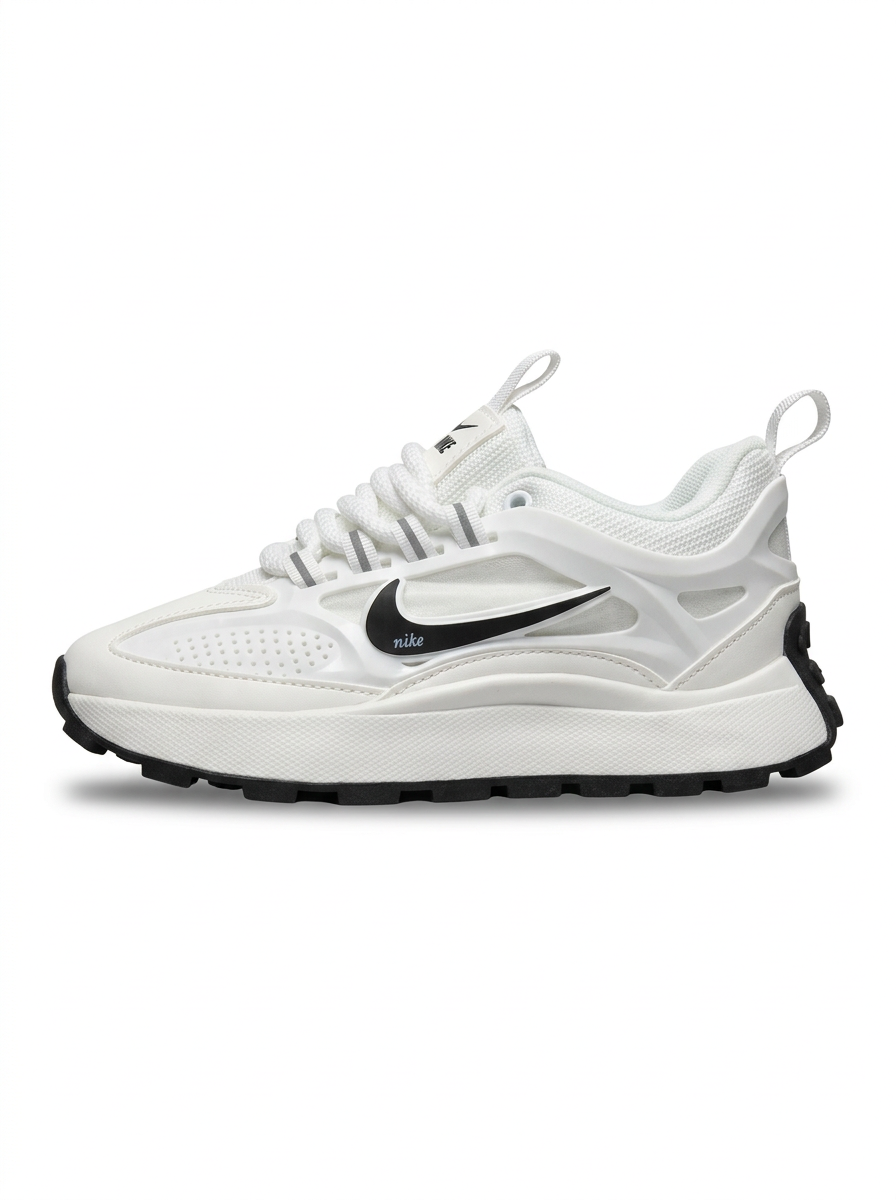 White Nike cage runner with black swoosh and black lug sole on white
