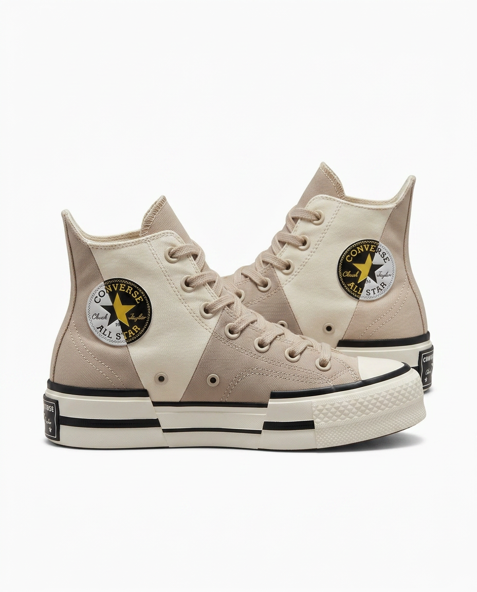 Converse Chuck 70 Plus high top sneakers in sand and taupe two-tone canvas, pair on white background
