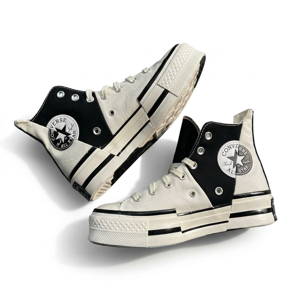 Converse Chuck 70 Plus high tops in split egret and black canvas with stacked platform sole