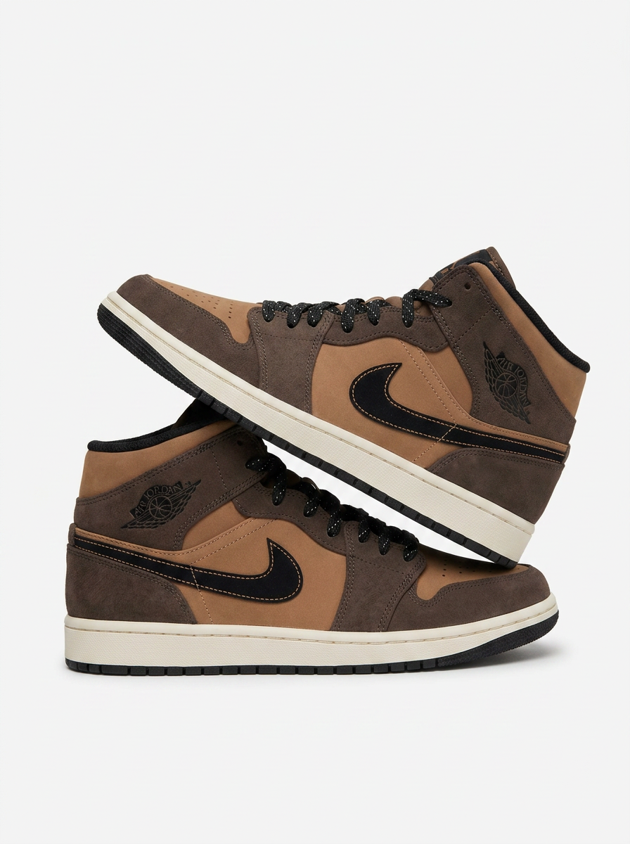 Brown and tan suede mid top basketball sneaker pair on a plain white background