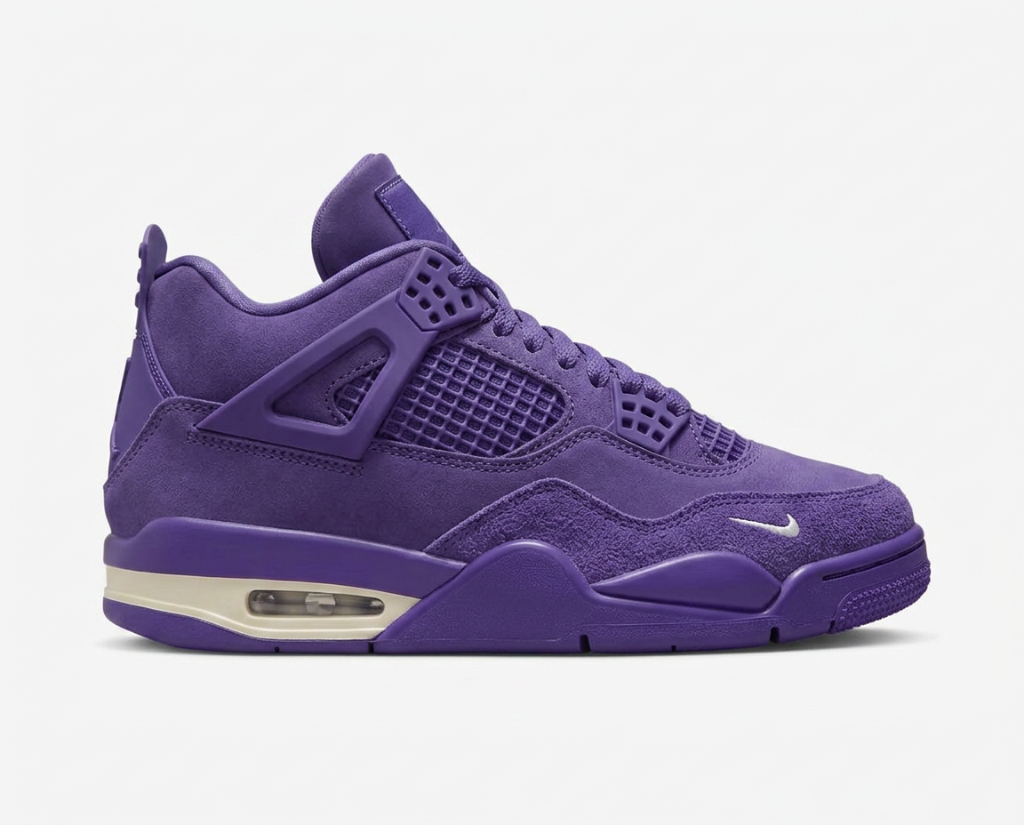 Full court purple suede Jordan 4 with tonal cage and cream a on a plain white background