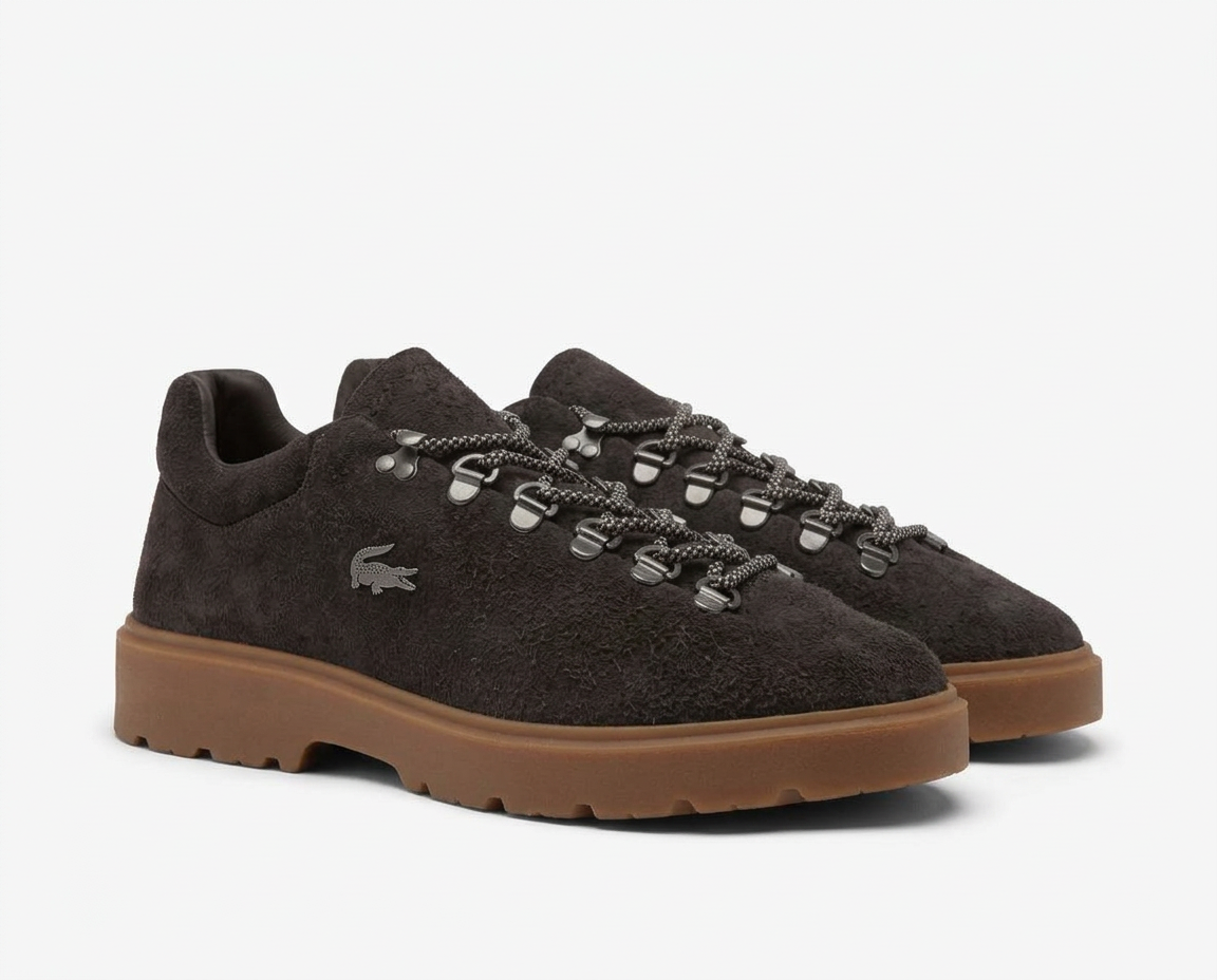 Dark brown suede Lacoste hiker shoes with gum sole on white
