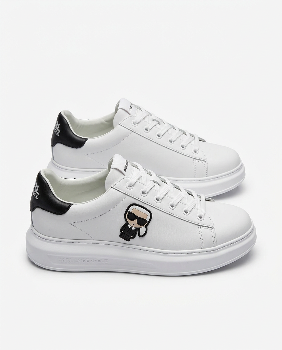 White Karl Lagerfeld platform sneakers with black heel tab on white