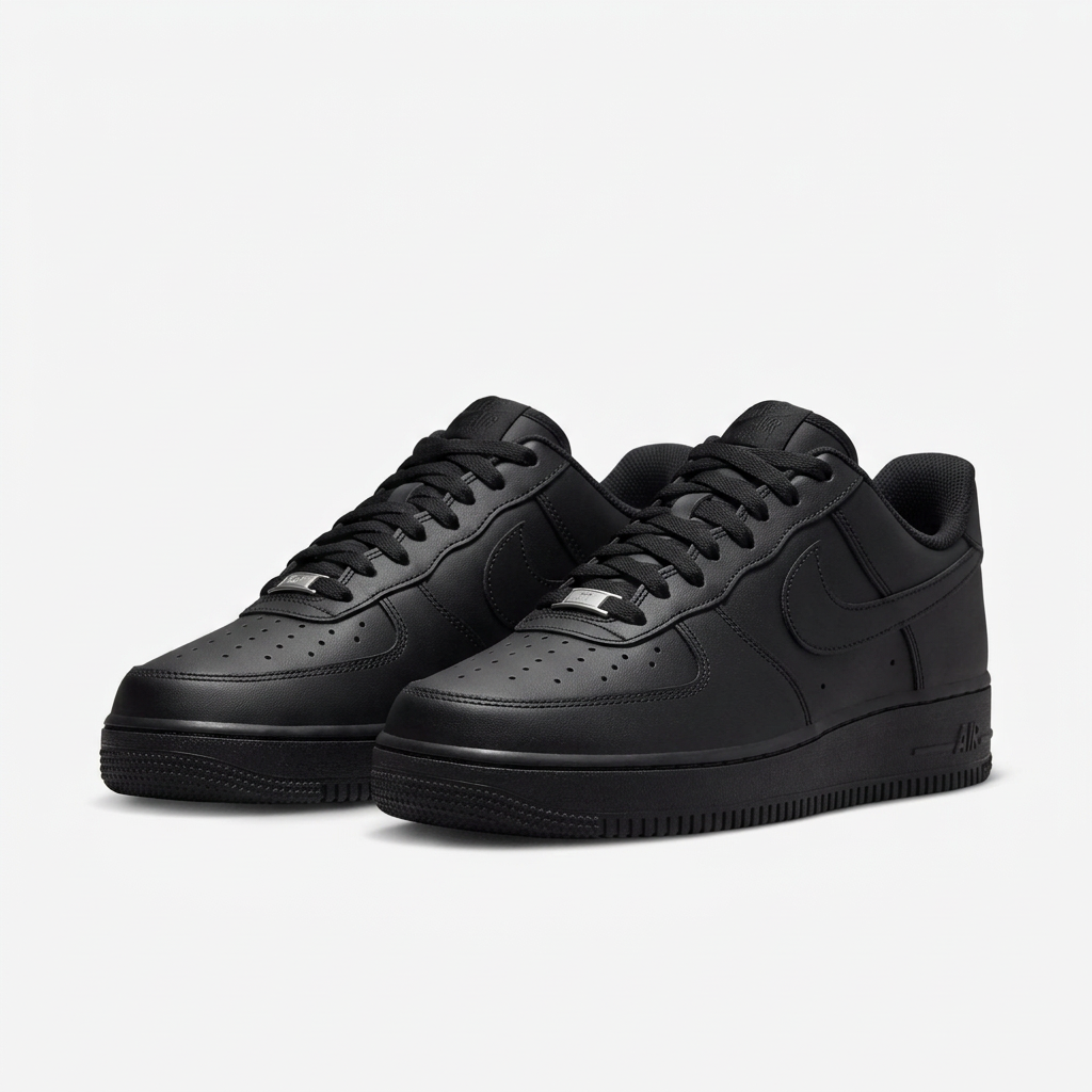 Pair of triple black Nike Air Force 1 Low sneakers on a plain white background