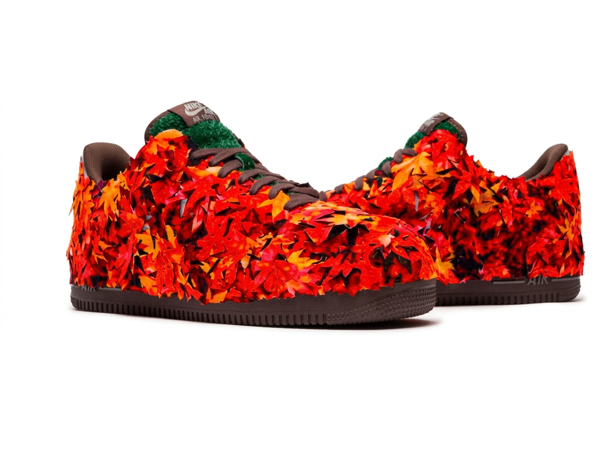 Nike Air Force 1 covered in red and orange leaves on white