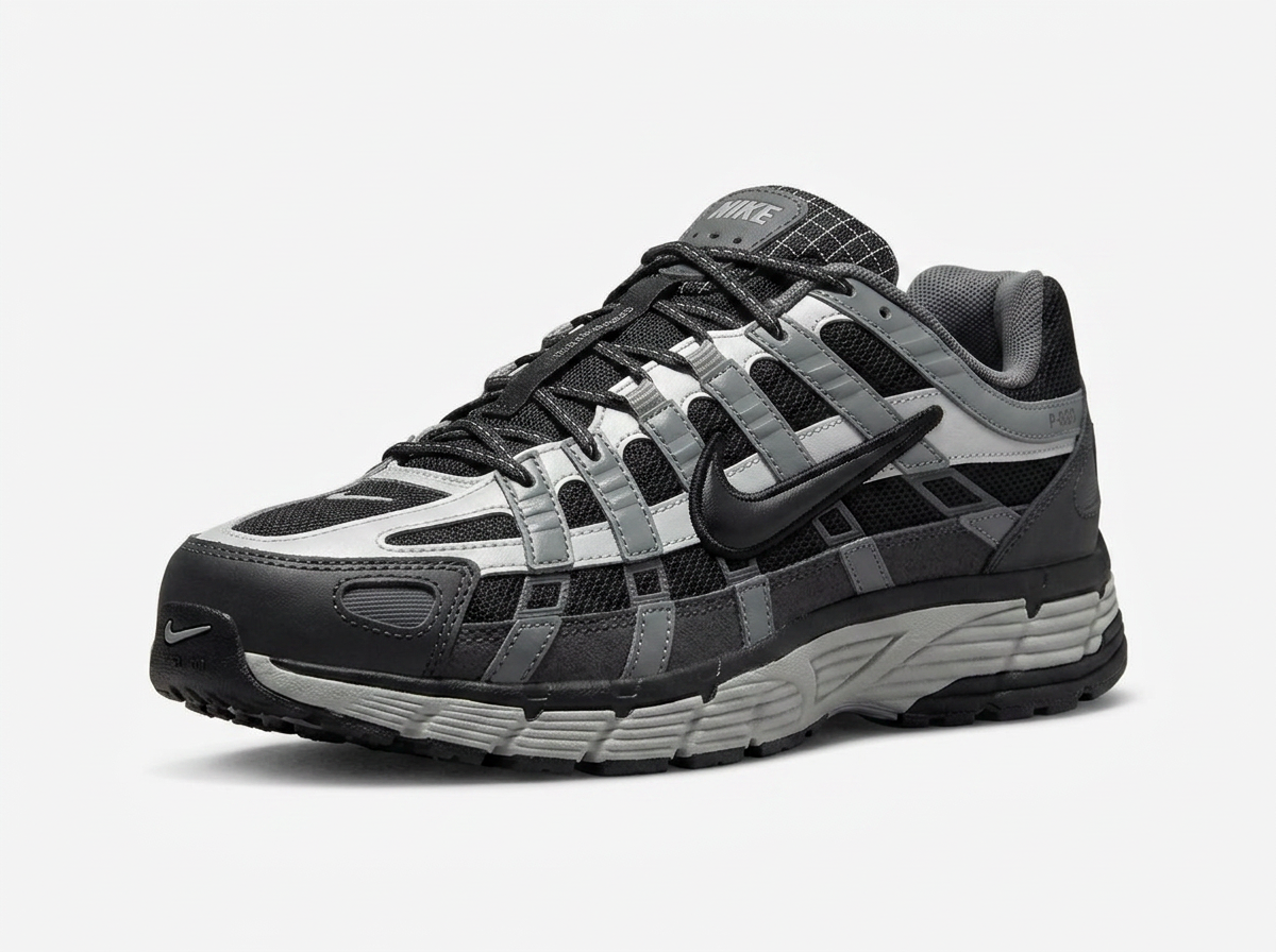 Black and metallic silver Nike P-6000 runner on a plain white background