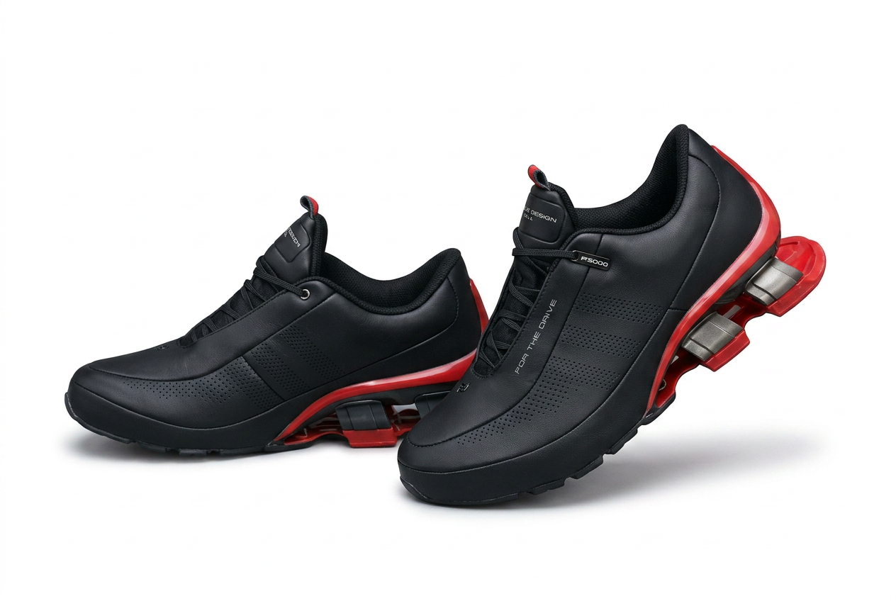 Black leather sport sneaker pair with red bladed sole on a plain white background