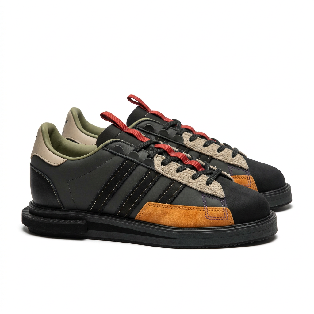 Pair of black adidas low-top sneakers with orange suede and red lace accents on white
