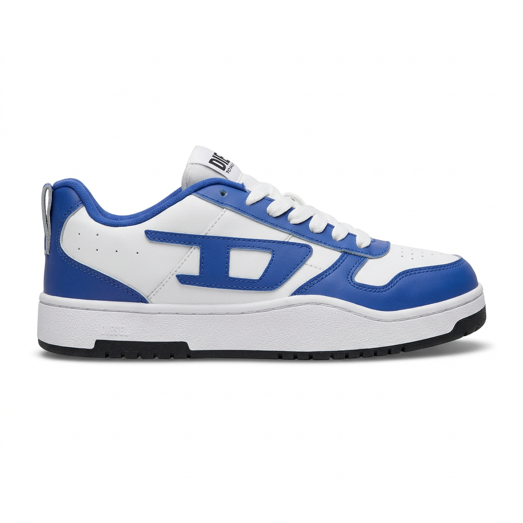 White and royal blue Diesel low-top with large D logo on white