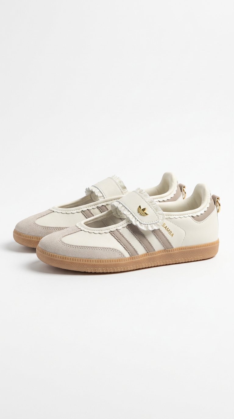 Pair of cream and taupe adidas Samba sneakers with ruffle strap detail and gum sole on a plain white background