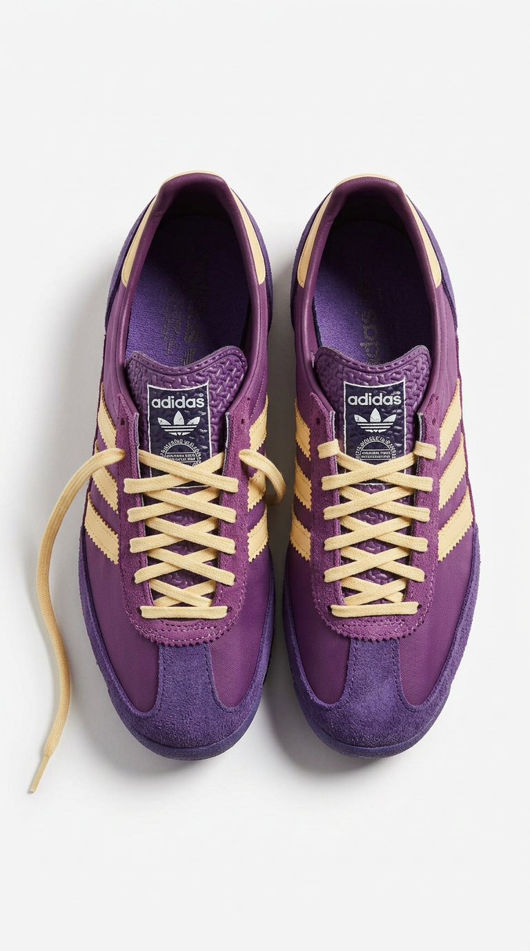 adidas SL 72 sneakers in purple suede with pale yellow three stripes and laces, held pair view