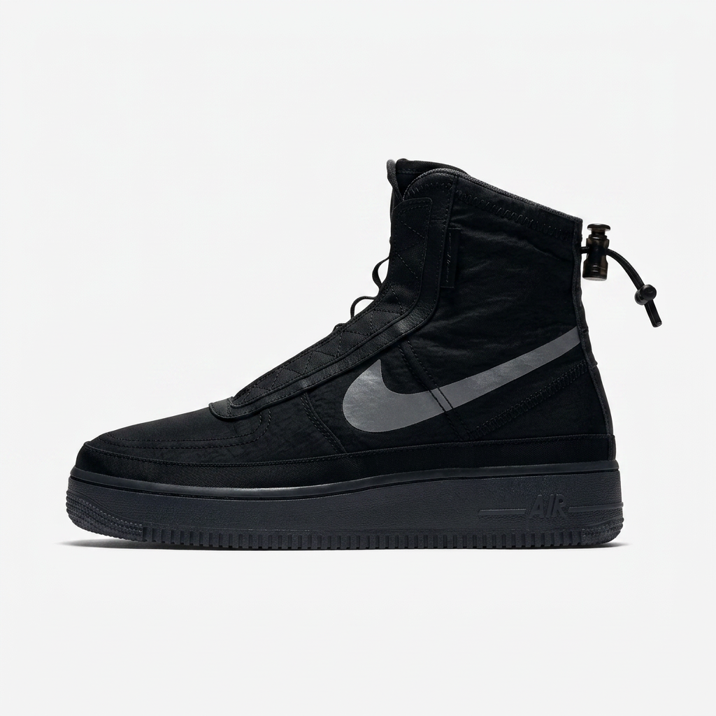 All black nylon high top shroud sneaker boot with reflective grey Swoosh on a plain white background