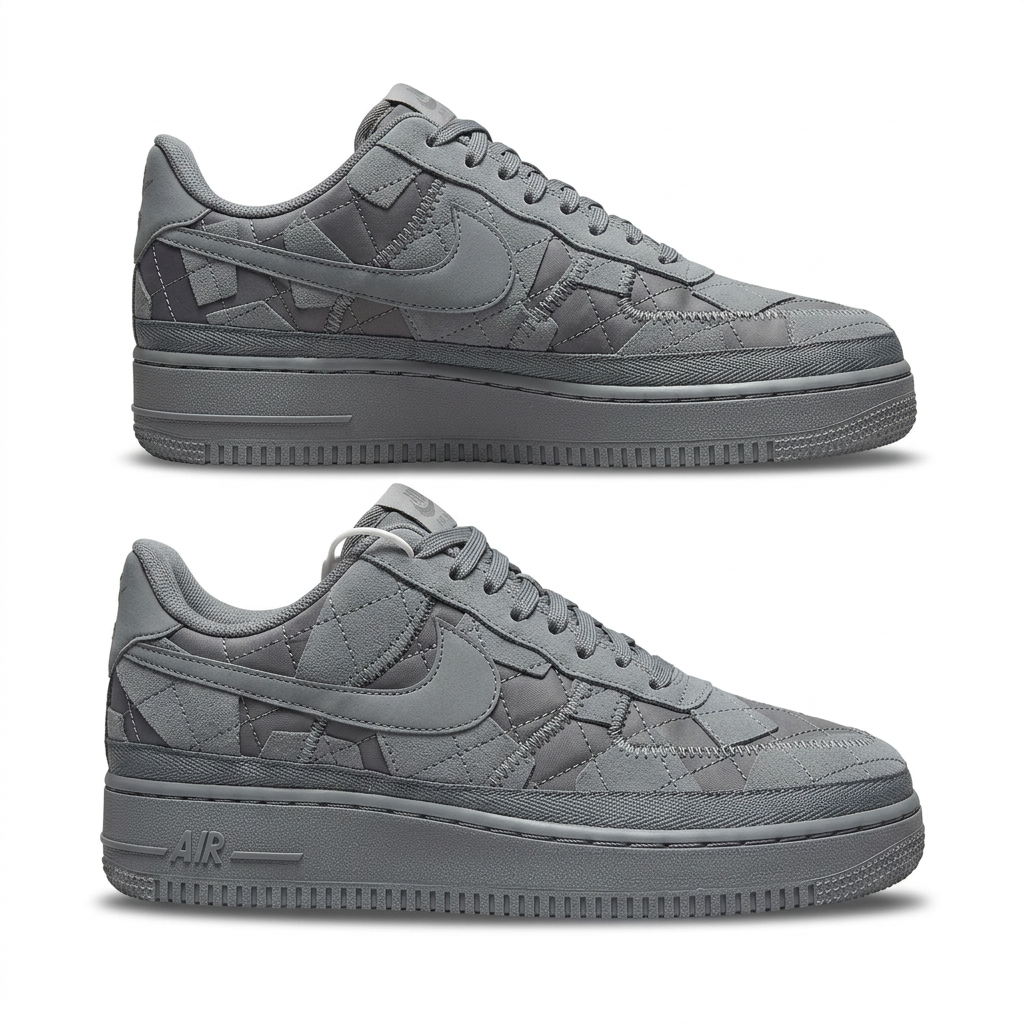 Nike Air Force 1 Low in tonal cool grey stitched patchwork suede panels, pair view