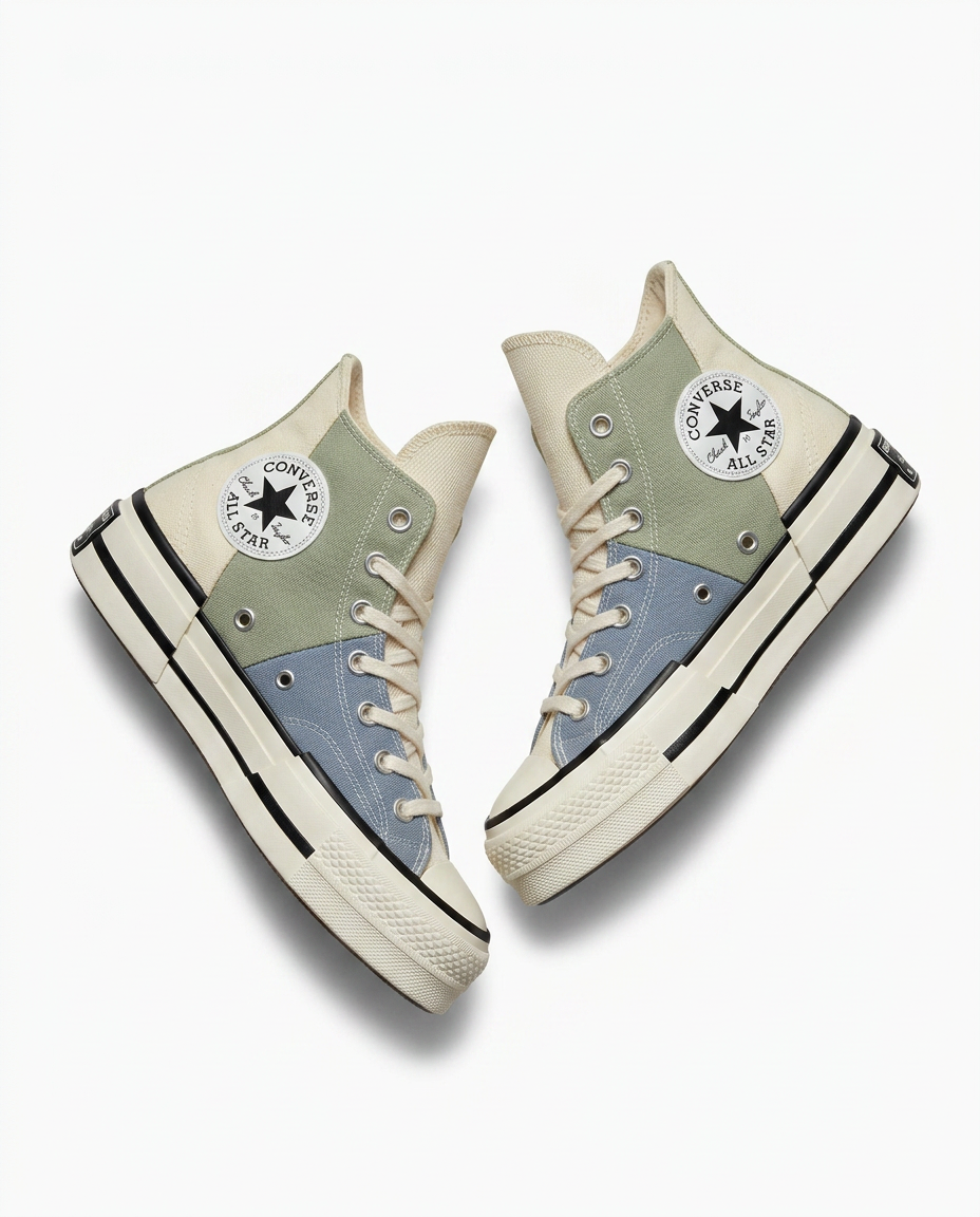 Converse Chuck 70 Plus high top sneakers in sage green, dusty blue and cream canvas on white background